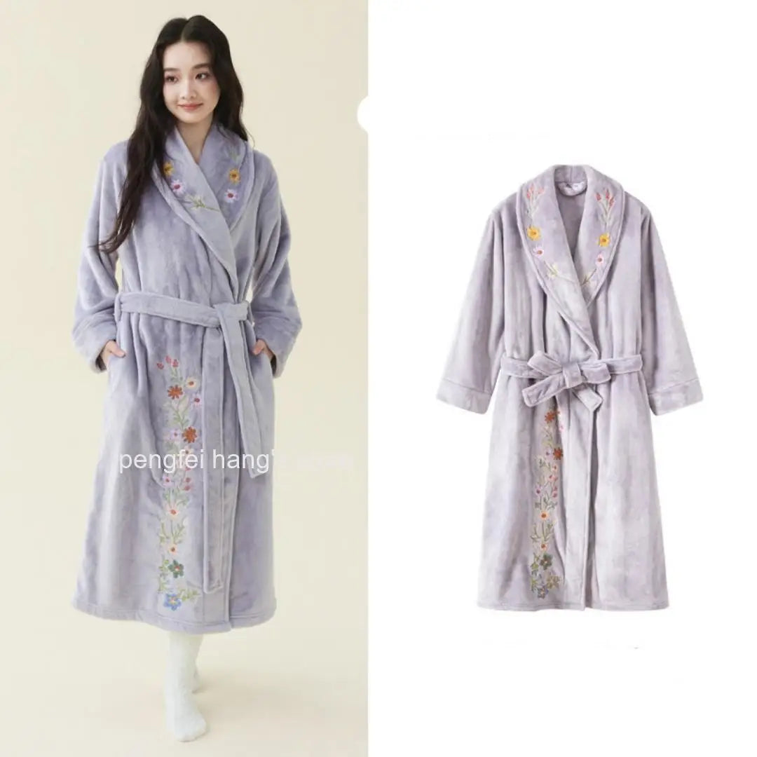 Elegant Bridal Premium Embroidered Coral Fleece Bathrobe for Ladies Thick Extra Long Warm Winter Home Dressing Gown Sleepwear