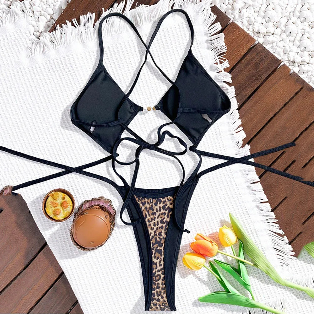 Leopard Print One Piece Swimsuits for Women String Lace-up Triangle Bikini Swimwear 2026 Hollow Out Monokini Bathing Suit Summer