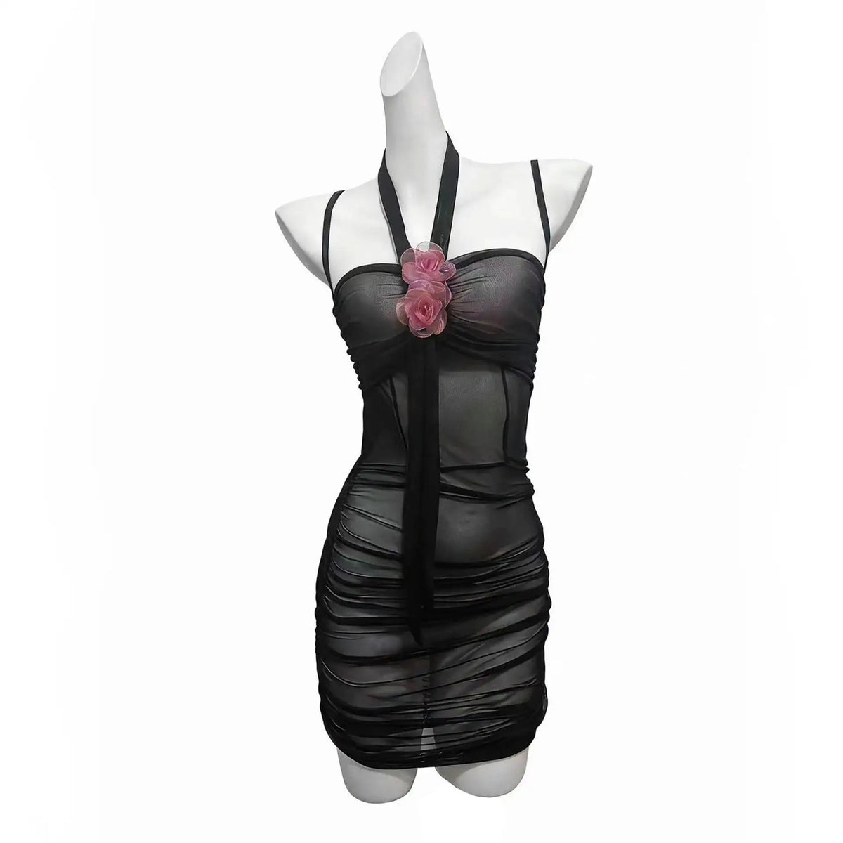 Sexy Transparent Dress Backless Deep V Suspenders Sleeveless Hanging Neck Flower Dress Mesh Pure Desire Casual Style Dress QFZO