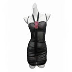 Sexy Transparent Dress Backless Deep V Suspenders Sleeveless Hanging Neck Flower Dress Mesh Pure Desire Casual Style Dress QFZO