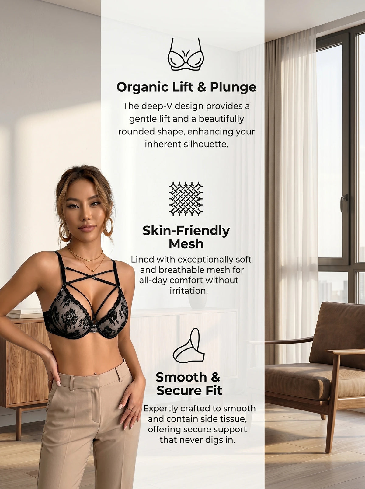 Sexy Black Lace Push Up Bra Women Deep V Plunge Cross Strap Skin-Friendly Mesh Side Smoothing No Dig Comfort Underwear MR3641