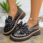 Women Polka‑Dot Bow Platform Loafers Round‑Toe Slip‑On Lug‑Sole PU Leather Contrast Stitching Vintage Casual Daily Shoes