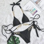 Bikini 2026 Sexy Rhinestone Leaf Pendant Metal Chain Solid Swimwear Swimsuit Women Bikinis Set Bathing Suit Beach Bikini Female