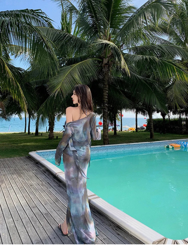Korean Swimsuit 2025 Women Sexy Black Tie Dye Long Sleeve Cover UpLong Skirt 4 Piece Bikini Set Bathing Suit Vacation Swimwear
