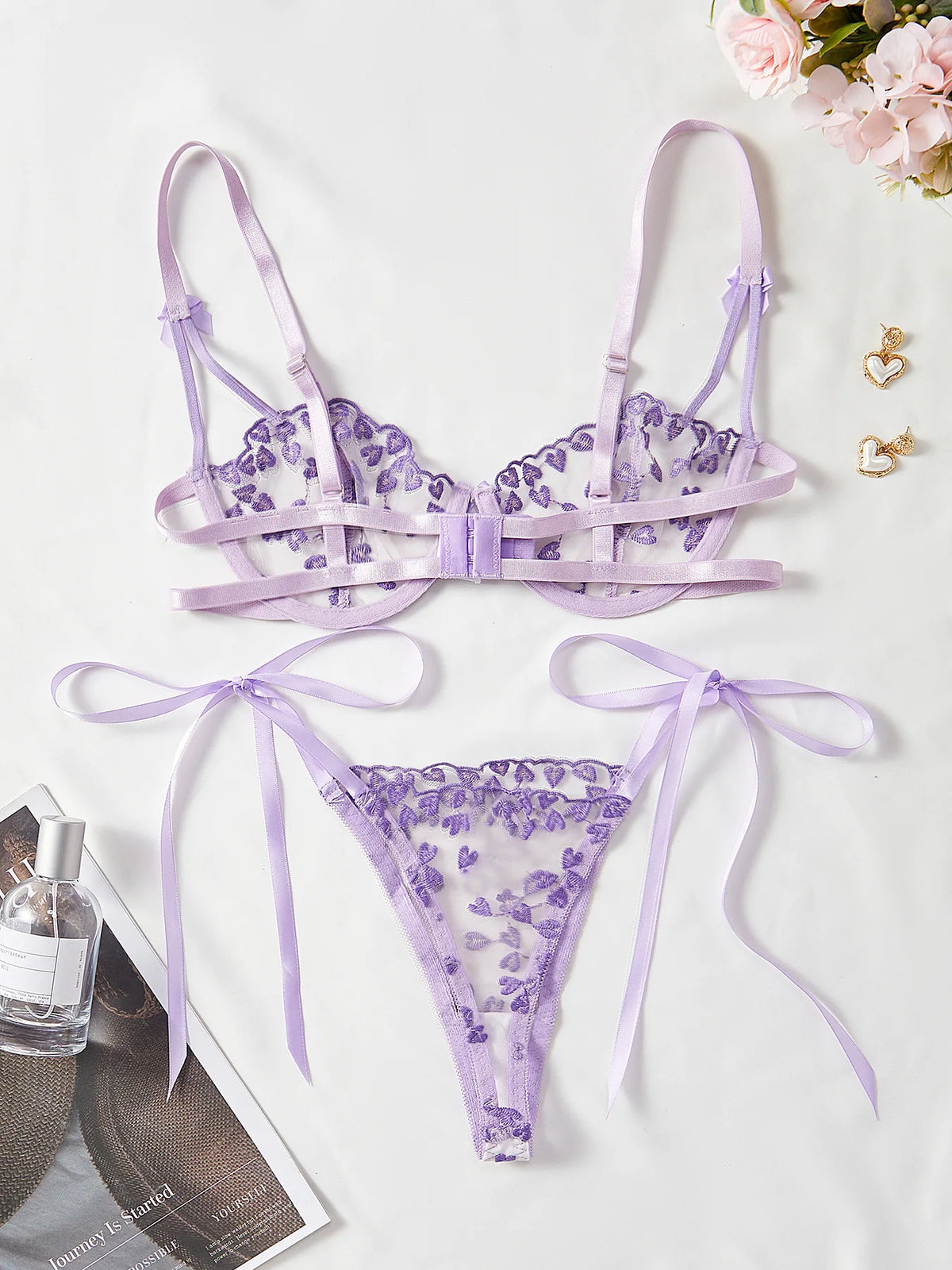 French Lace Heart Bra Set Girls Sexy Women Bralette Adjustable Transparent Embroidery Underwear Thong Bras Lingerie Panties Sets