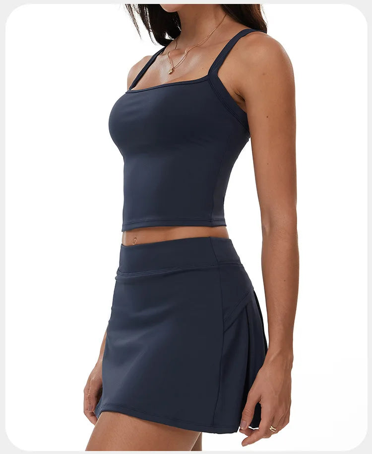 2 Piece Yoga Skirt Set Women Outdoor Neck Hanging Sports Vest High Waist Pleate A Line Skorts Fitness Suit Gym Workout Clothes