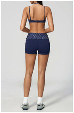 Breathable Striped Patchwork Yoga Clothing Women Fake Two-piece Sports Bra Folding High Waist Shorts Gym Running Fitness Suit
