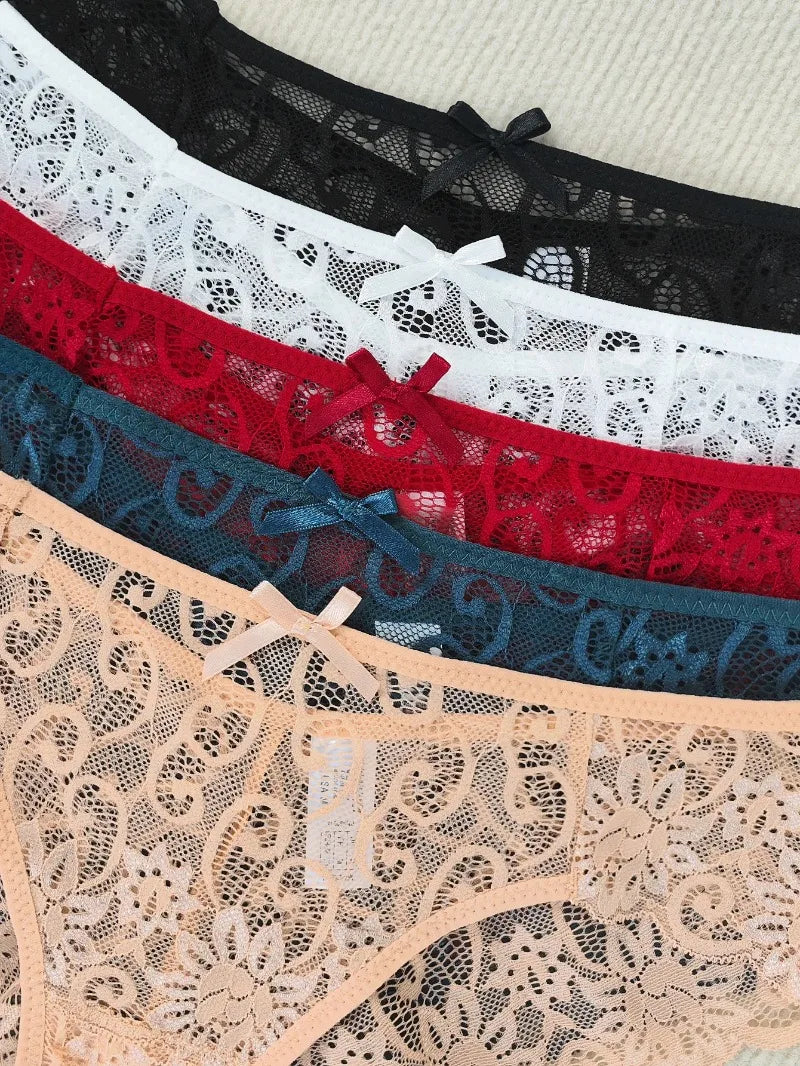 5pcs Sexy Lace Women's Panties Bow Decor Comfortable Breathable Lady Briefs Elegant Sexy Lingerie Solid Fashion Female Underwear