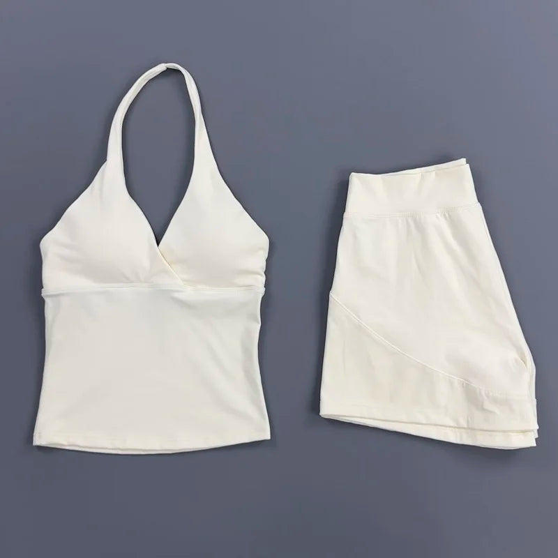 2 Piece Yoga Set Women Halter Deep V Neck Wrap Top Quick‑Dry Athletic Shorts Stretchy Gentle on Skin Suit Gym Workout Sportswear