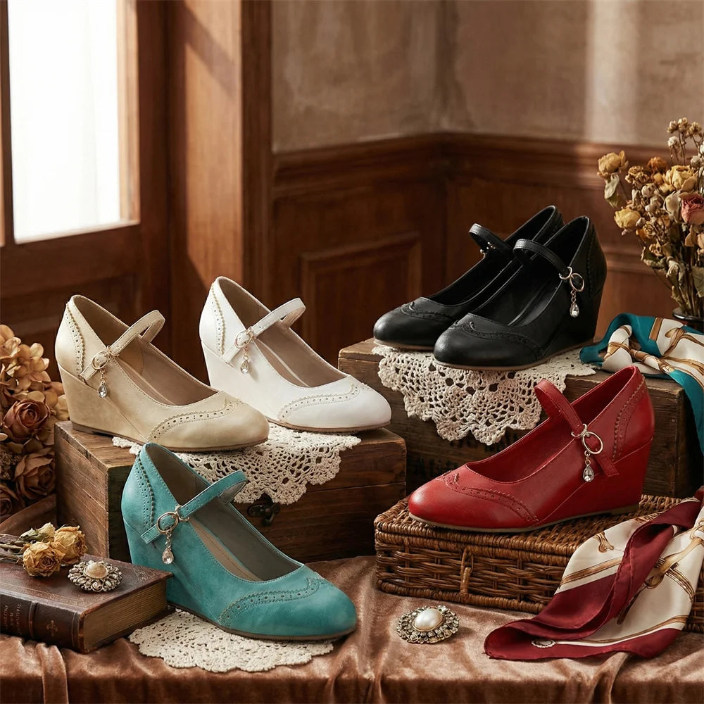 2026 Small Big Size 32-48 Vintage Green 7cm High Heels Wedges Pumps White Red Comfy Walk Summer Mary Janes Brogue Shoes Women