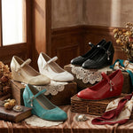 2026 Small Big Size 32-48 Vintage Green 7cm High Heels Wedges Pumps White Red Comfy Walk Summer Mary Janes Brogue Shoes Women