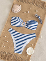 Sexy Blue Striped Micro Bikini 2026 Women Bandeau Front Metal Circle Push Up Bra High Waist Swimsuit Beach Bathing Suit Swimwear
