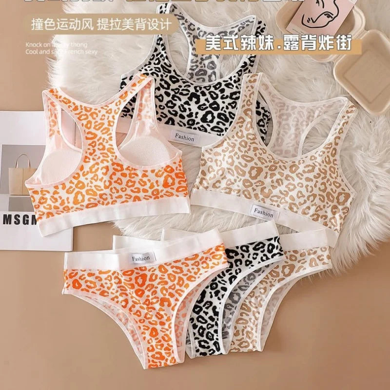 Seamless Bra Set Women Leopard Y-Shape Wireless Bra Low Waist Panties Sexy Lingerie Sport Brassiere Female Underwear Set
