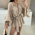 Mini Dress with Belt Summer Ruffle Long Sleeve Dress for Women Casual V Neck A-line Swing Dresses Irregular Vacation Dress
