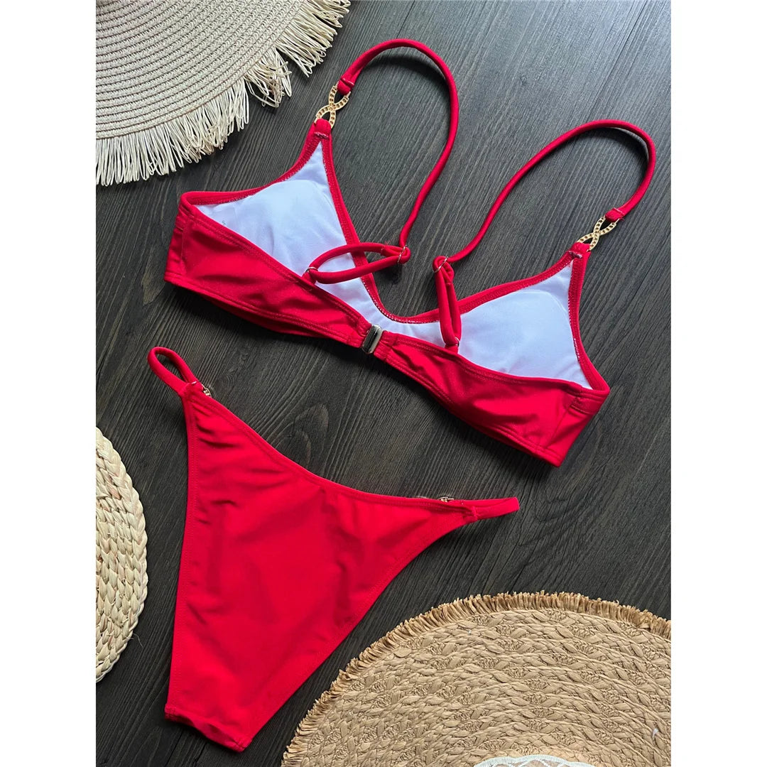 10 Colors V Neck Rhinestones Bikini Female Swimsuit Women Swimwear Padded Bather Bathing Suit Swim Two-pieces Bikini set K8138