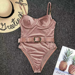 2024 New Sexy Velvet One-Piece Black Bikini Belt Swimsuit Women Solid Push Up Swimwear Female Brazilian Beach Bathing Suit