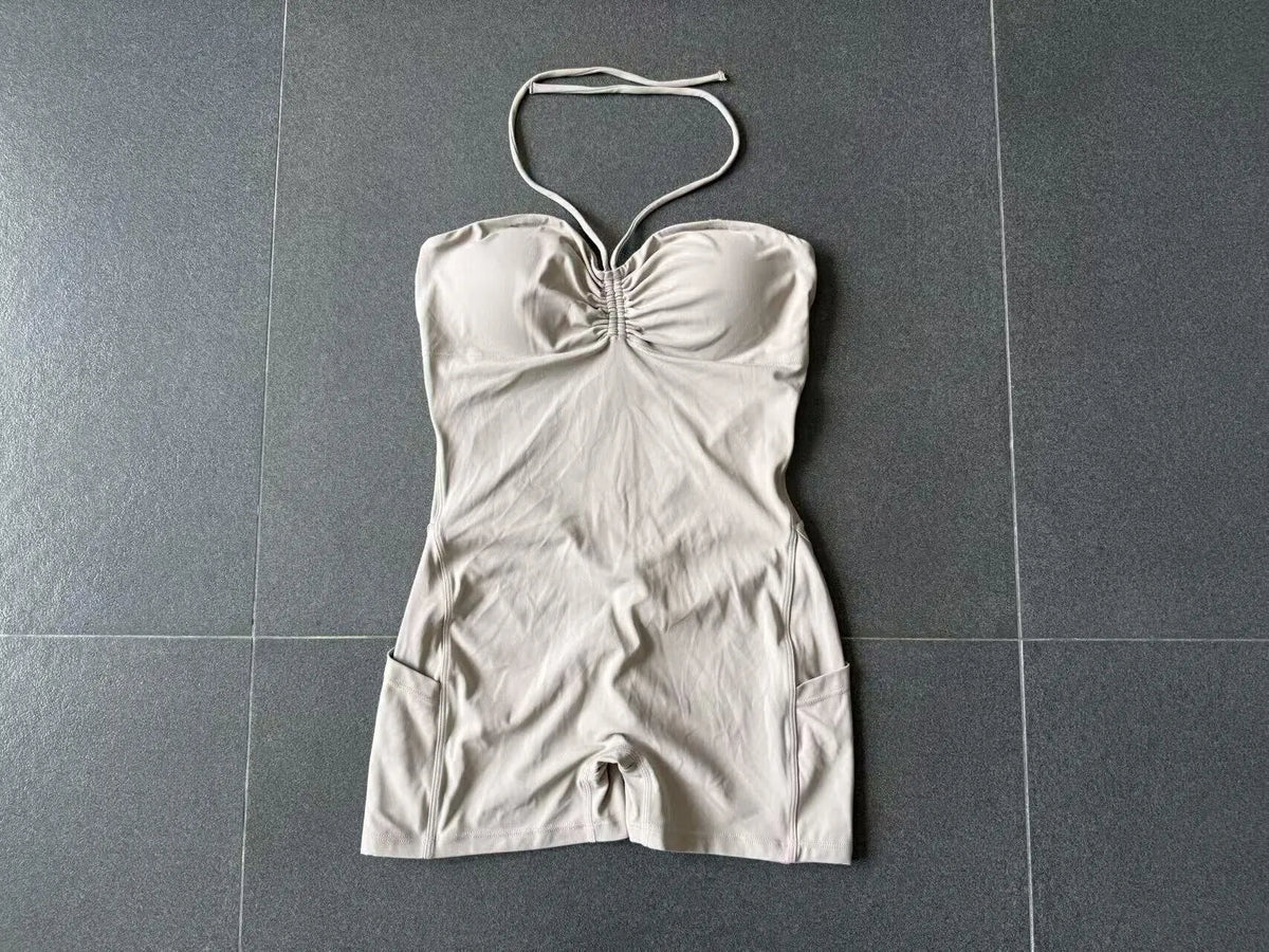 Womens Two Way Wear Bodysuit Sleeveless Yoga Stretch One Piece Romper Sexy Fitness Side Pockets Sportwears Bodysuit