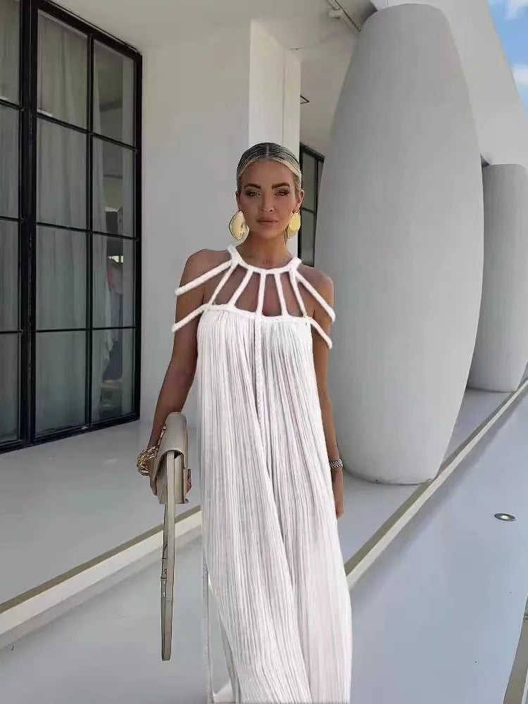 Summer Sleeveless Party Dress, Women Loungewear O-Neck Hollow Out Party Dress, Solid Color Patchwork Beach Style Ladies Dress