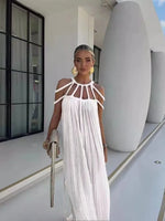 Summer Sleeveless Party Dress, Women Loungewear O-Neck Hollow Out Party Dress, Solid Color Patchwork Beach Style Ladies Dress