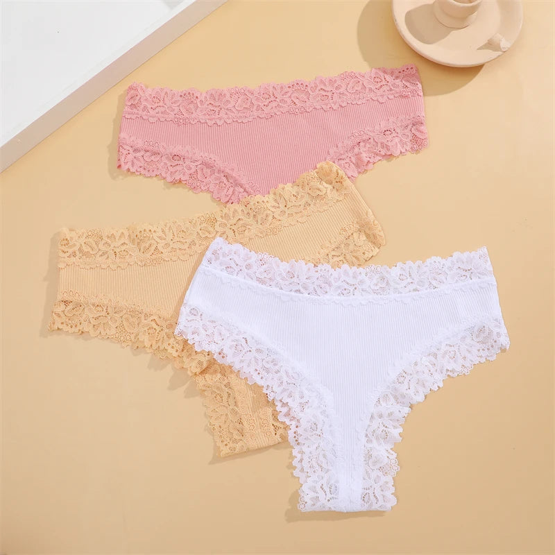 New Lace Seamless Cotton Panties Ribbed Maillard Brazilian Pants LowWaist Women Panties Breathable Girls Underwear Soft Lingerie