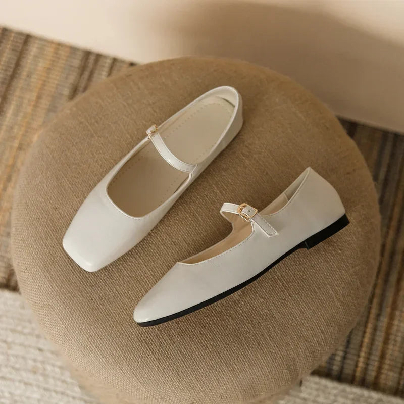 2025 Elegant Woman Square Toe Lolita Lady Barefoot Boat Gold Flats Elegant Soft Sole Ballerina Party Mary Jane Shoes