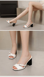 Summer New Fashion Open Toe Solid Color Simple Leather Surface Versatile Color Large Slippers Square Heel Shoes Women