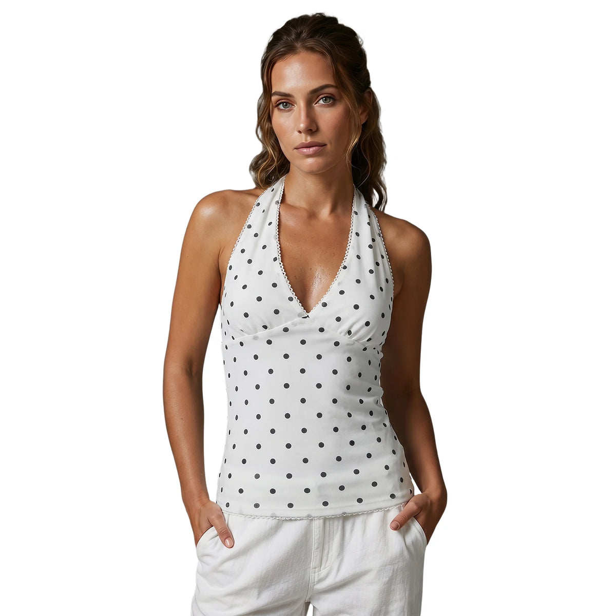 Cute Halter Tops for Women Summer Dot Print V-Neck Going out Tank Tops Backless Vest for Streetwear