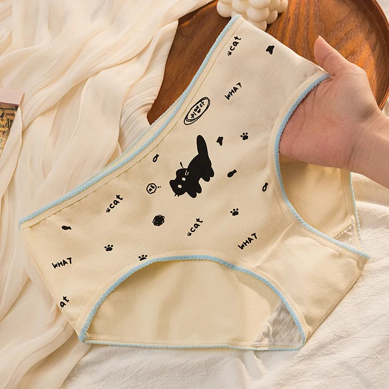 5Pcs/Set Women's Cotton Briefs Cute Black Cat Print Underwear Soft Breathable Underpants Mid-Waist Panties For Female Lingerie