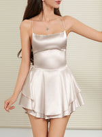 Women Solid Color Cami Playsuits Cowl Neck Sleeveless Short Jumpsuits Summer Cross Tie-Up Backless Satin Romper Clubwear