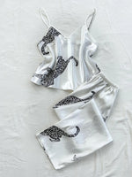 Women Sleepwear Summer Ice Silk Stain Comfortable 2pcs Pajamas Set V Neck Leopard Print Tops and Long Pants Loungewear