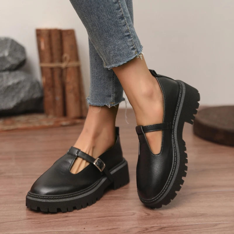 Women T‑Strap Mary Jane Shoes Faux Leather Buckle Lug‑Sole Platform Round‑Toe Vintage Preppy JK Casual Daily Dress Shoes