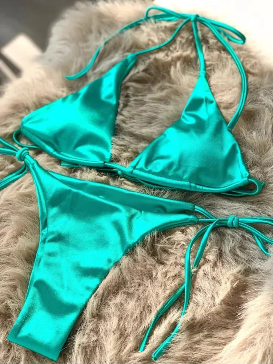 Wrap Around Halter Metallic Satin Bikini Women Swimwear Female Swimsuit Two-pieces Bikini Set Brazilian Bathing Suit Swim Lady