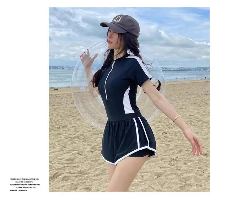 New Women's Swimsuit, One-piece Coverage Slimming EffectConservative Sports Style Hot Spring Flat Leg Pants Swimsuit Plus Size