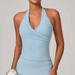 STOUREG Women's V-neck Halter Yoga Top with Cross-over Gathered Straps and Built-in Bra, Made of Ultra-soft Butter Fabric