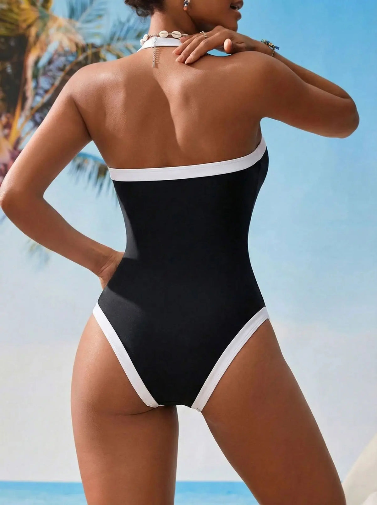 Sexy Black White Patchwork Swimwear Women 2026 Bandeau Slim Tummy Conrtol One Piece Swimsuit Beach Bathing Suit Holiday Monokini