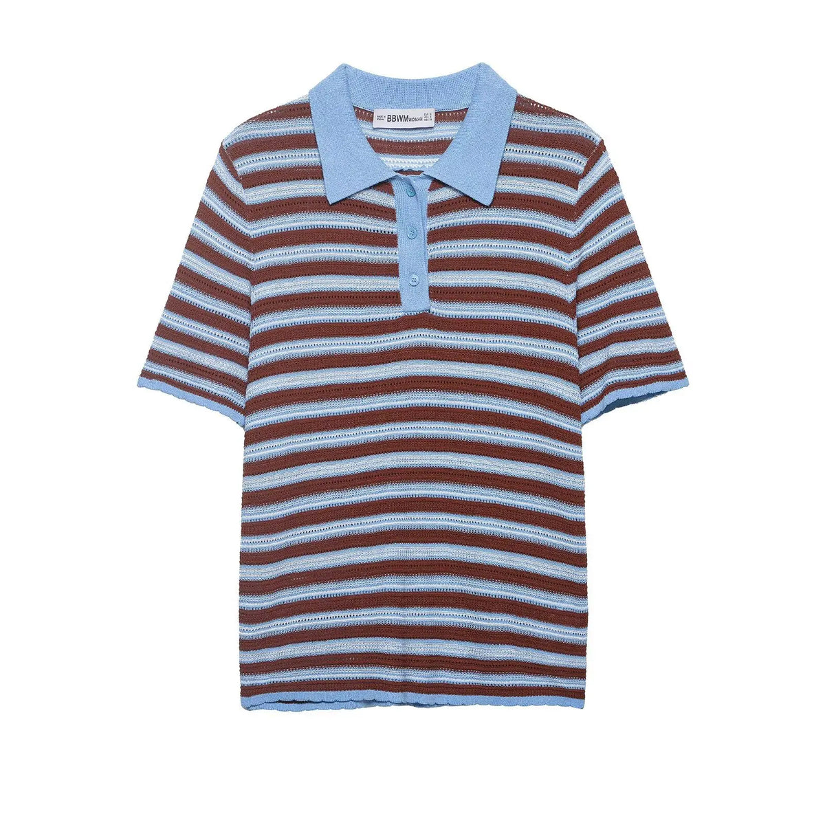 Fashion Casual Striped Knit Polo Shirt Striped Knit Shirt For Women Blue Brown Short Sleeve Hollow Out Casual Summer Top UEZ7