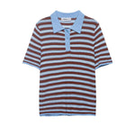 Fashion Casual Striped Knit Polo Shirt Striped Knit Shirt For Women Blue Brown Short Sleeve Hollow Out Casual Summer Top UEZ7