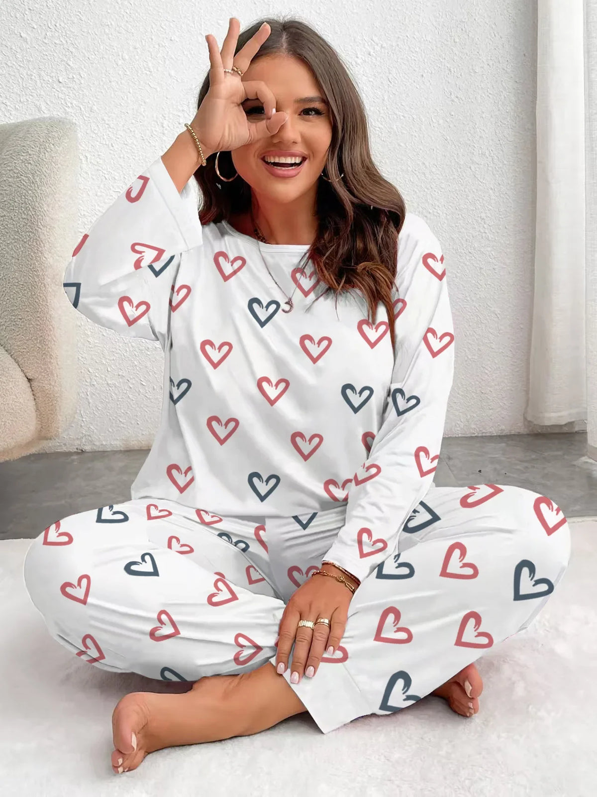 Plus Size Sleepwear Women Pajama Set Autumn Winter Pink Heart Print Long Sleeve Tops and Trousers 3XL 4XL 5XL Loungewear