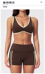 Tight Color Contrast Yoga Suit 2 Pieces Women V Neck Sports Bra Pleate High Waist Shorts Gym Running Fitness Suits Tracksuit