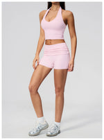 2PCS Yoga Set Women V-neck Cross Neck Shock-absorbing Sports Vest Workout Pleate Flip High Waist Shorts Gym Runing Fitness Suits