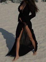 New Sexy V Neck Ruffled Long Sleeve Chiffon Tunic Beach Cover Up Cover-ups Beach Dress Beach Wear Beachwear Female Women V5976