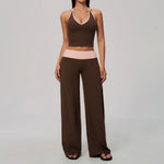 Women 2/3Piece Yoga Set Fitness Suit Gym Clothing Workout Tracksuit Sportswear Colorblock Halter Long Sleeve Top Wide Leg Pants