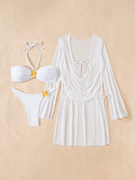 sexy white bandeau metal flower bikinis sets 3pcs with mesh long sleeve wrinkled tie mini dress swimsuit bathing suit biquini