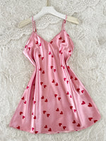 New Women's Pink Slip Nightdress Heart Print V Neck Spaghetti Strap Chemise Cute and Sweet Sleepwear for Party or Daily Life