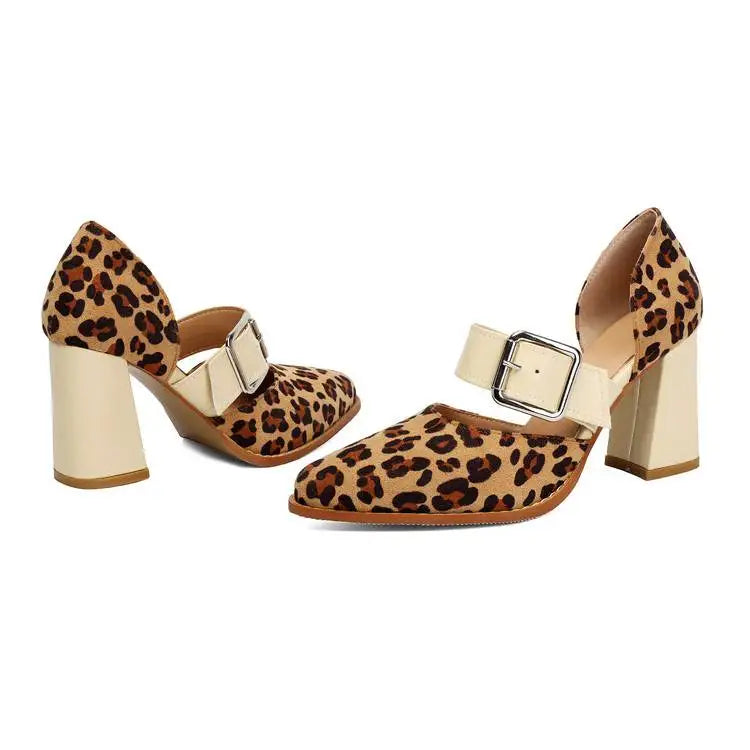 SpringAutumn New Model Fashion High Heels Nude Shoes Color Blocking Pointed Tip Buckle Leopard Print Sexy Party Women's Shoes