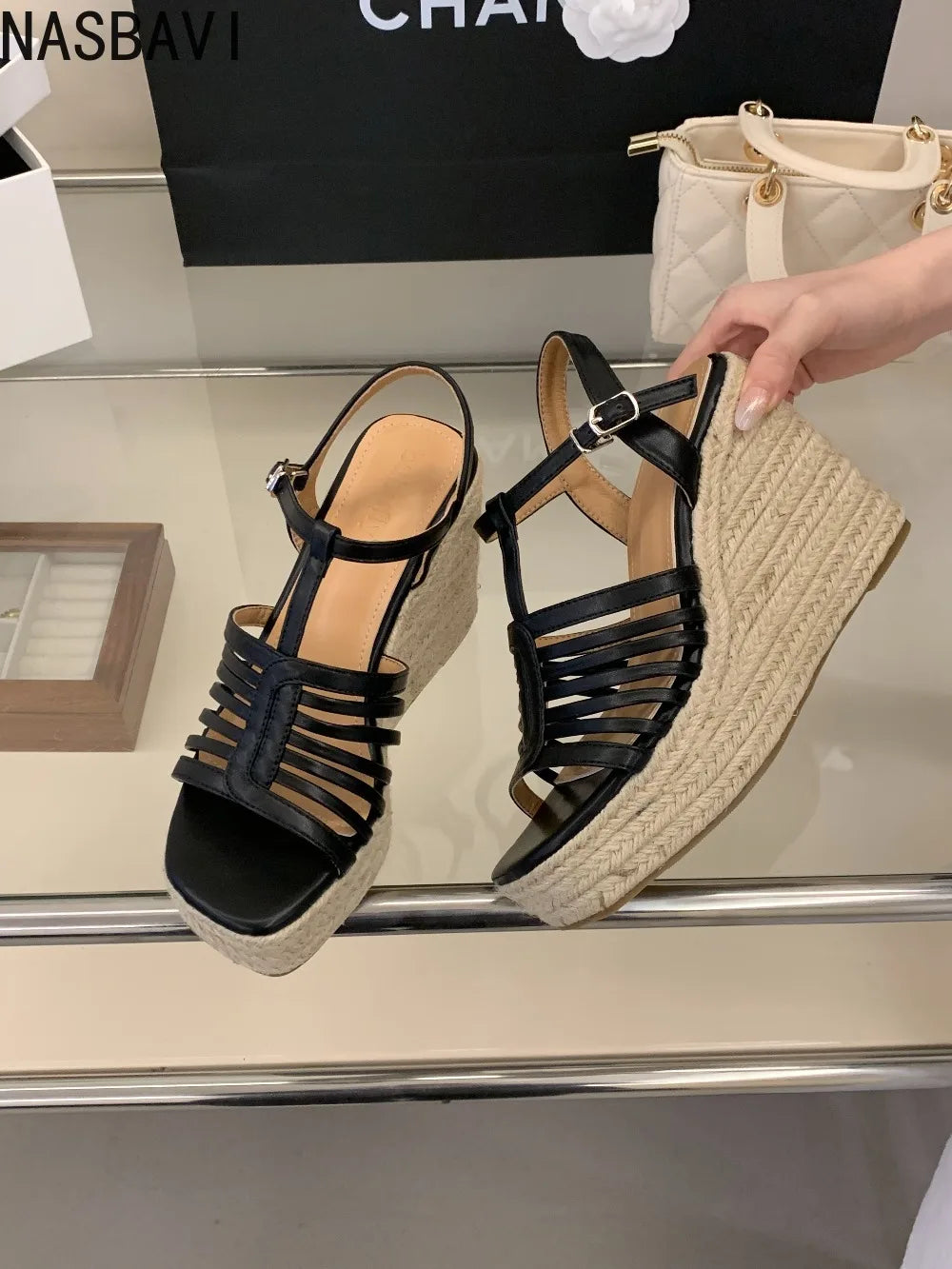 9cm Heeled Wedges Ankle Sandals Black Dress Shoes for Women T-Strap Silver Chunky Heels Summer Platform Bohemia Sandals 2026