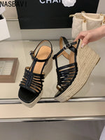 9cm Heeled Wedges Ankle Sandals Black Dress Shoes for Women T-Strap Silver Chunky Heels Summer Platform Bohemia Sandals 2026
