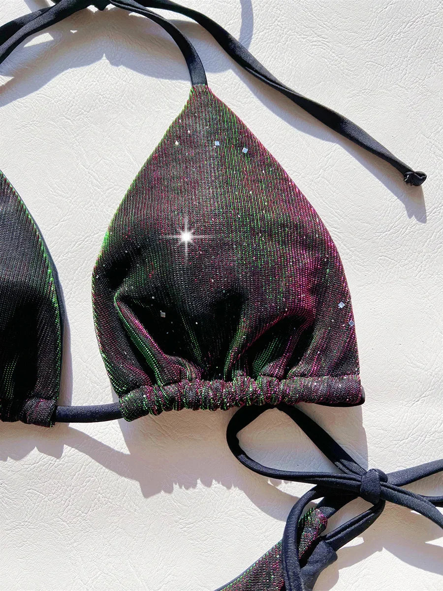Shiny Gradient Purple Halter Strappy Bikini Female Swimsuit Women Swimwear Two-pieces Bikini Set Bather Bathing Suit Swim Lady