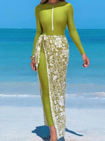 Vintage Mesh Skirt One Piece Swimwear Set 2026 Women Zipper Long Sleeve Shirts High Waist Panties Swimsuit Beach Bathing Suits