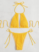 2025 Halter Tie Side Hollow Out Smocked Bikini Women Swimsuit Female Swimwear Two Pieces Bikini Set Swim Bathing Suit Beach Wear